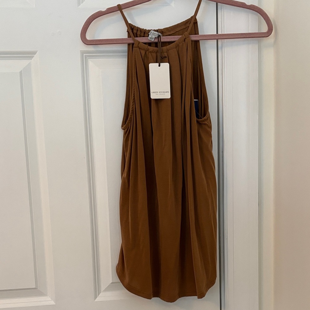 Green Envelope Tan Sleeveless Blouse